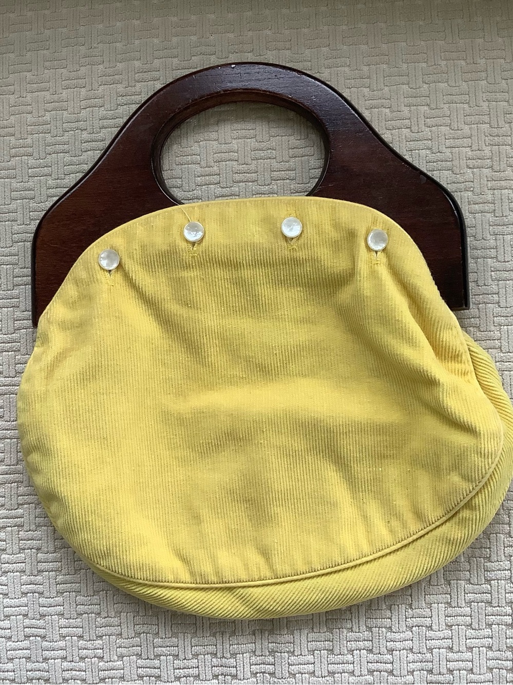 Vintage de’Lanthe Bermuda Bag with Pearl Buttons and Brown Handle